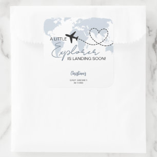 Little Explorer Adventure Blue Baby Shower Quadratischer Aufkleber
