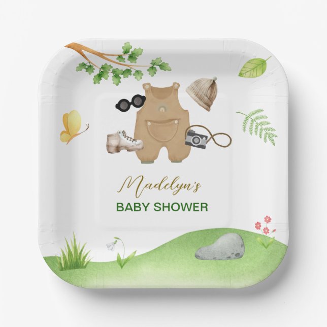 Little Explorer Woodland Forest Hiking Baby Shower Pappteller (Vorderseite)