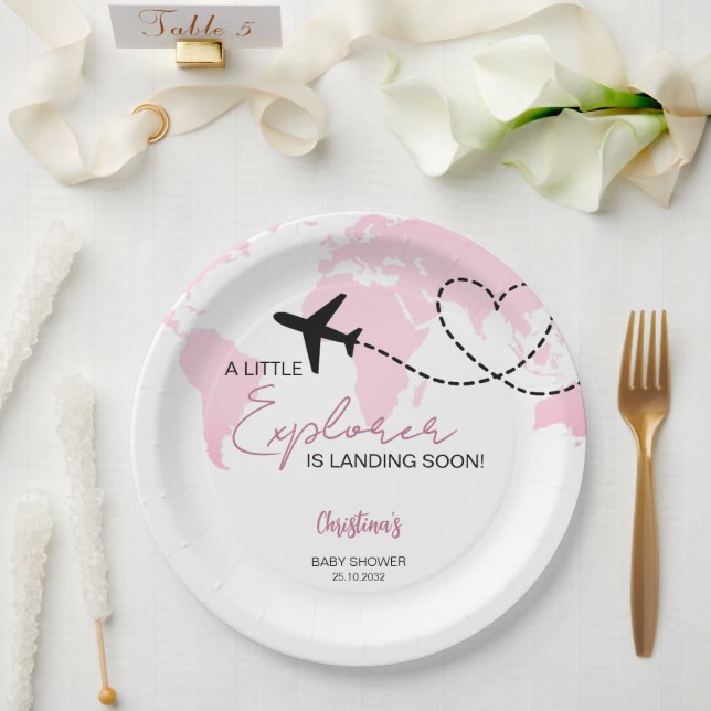 Little Explorer World Map Pink Baby Shower Pappteller (Hochzeit)