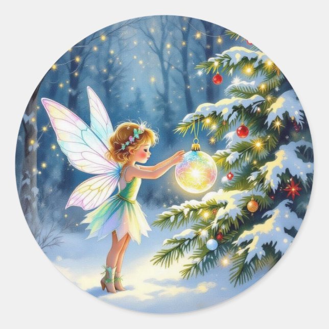 Little Fairy Decorating Christmas Trees Runder Aufkleber (Vorderseite)