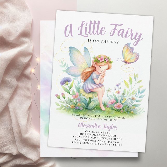 Little Fairy Enchanted Butterfly Baby Girl Shower Einladung (a little fairy girl baby shower invitation enchanted forest garden magical butterfly purple pink)