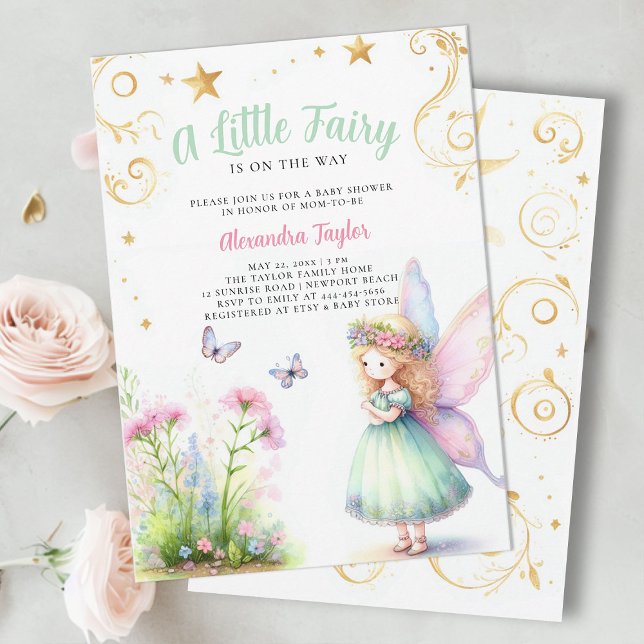 Little Fairy Enchanted Garden Baby Girl Dusche Einladung (a little fairy girl baby shower invitation enchanted forest garden magical butterfly gold sparkle)