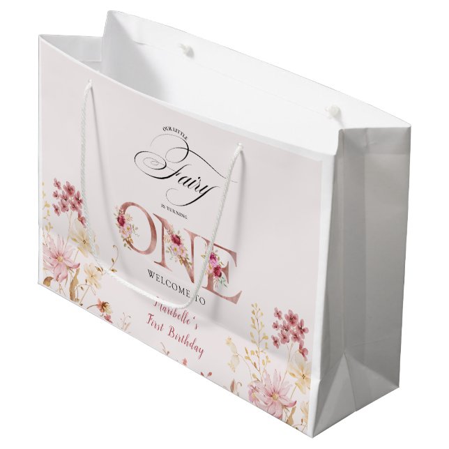 Little Fairy Floral Garden First Birthday  Große Geschenktüte (Vorderseite Schrägansicht)