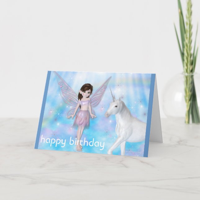 Little Fairy w Unicorn Happy Birthday Card Karte (Vorderseite)