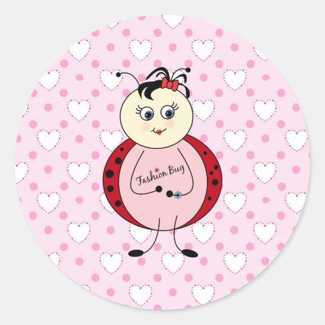 Little Fashionista Pink Ladybug mit Herz Runder Aufkleber (Vorderseite)