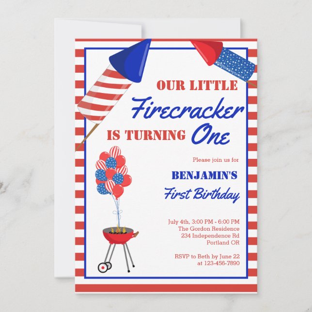 Little Firecracker 1. Geburtstag 4. Juli USA Einladung (Vorderseite)