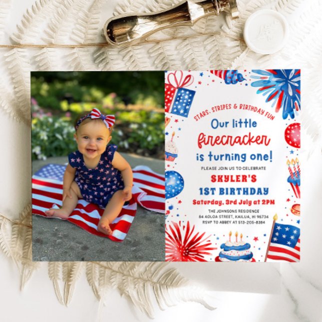 Little Firecracker 4. Juli 1. Geburtstag Party Einladung (Watercolor Patriotic Little Firecracker 4th of July 1st Birthday Party Invitation)