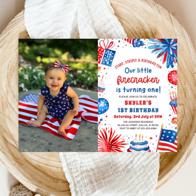 Little Firecracker 4. Juli 1. Geburtstag Party Einladung (Watercolor Patriotic Little Firecracker 4th of July 1st Birthday Party Invitation)