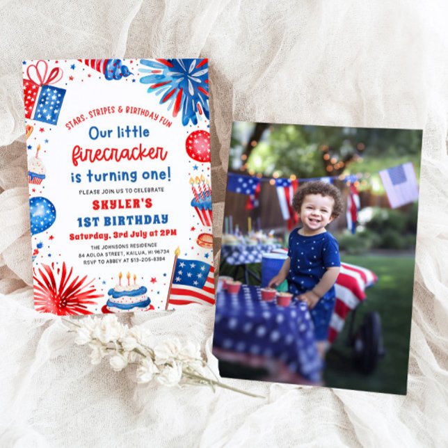 Little Firecracker 4. Juli 1. Geburtstag Party Einladung (Watercolor Patriotic Little Firecracker 4th of July 1st Birthday Party Invitation)