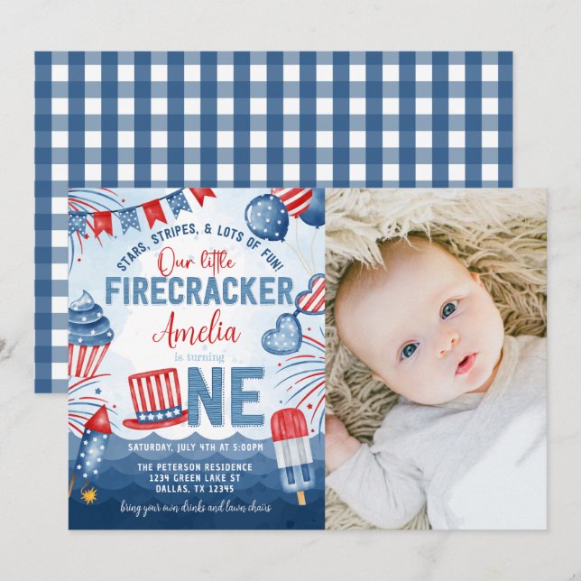Little Firecracker 4. Juli 1. Geburtstag Party Einladung (Vorne/Hinten)