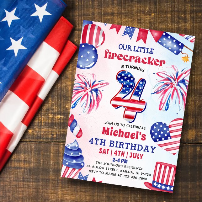 Little Firecracker 4. Juli 4. Geburtstag Party Einladung (Von Creator hochgeladen)