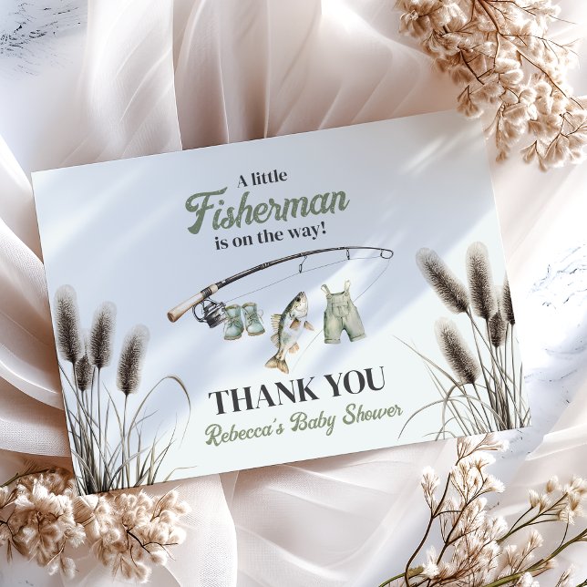 Little Fisherman Clothesline Fishing Baby Shower Dankeskarte (Von Creator hochgeladen)
