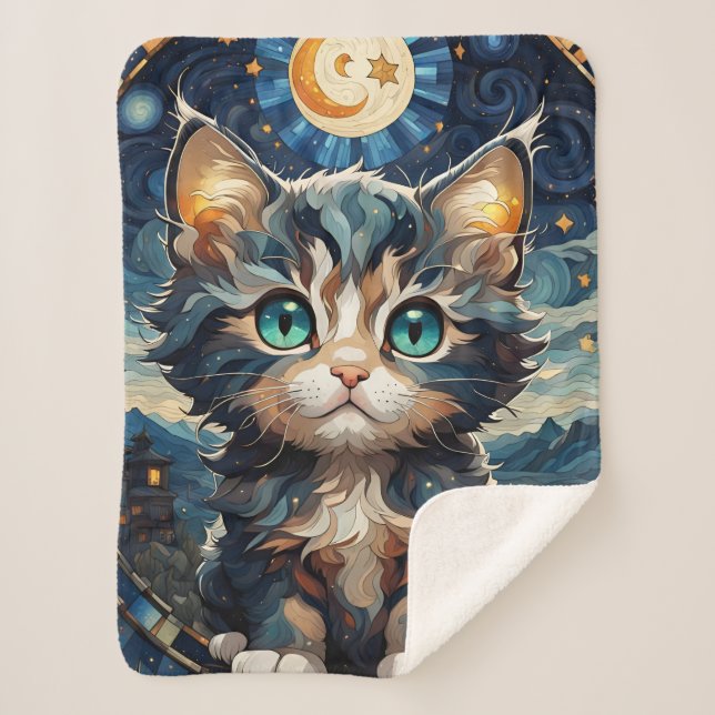 Little Fluffy Kitten Night Sky gesteinigtes Glas Sherpadecke (Vorderseite)