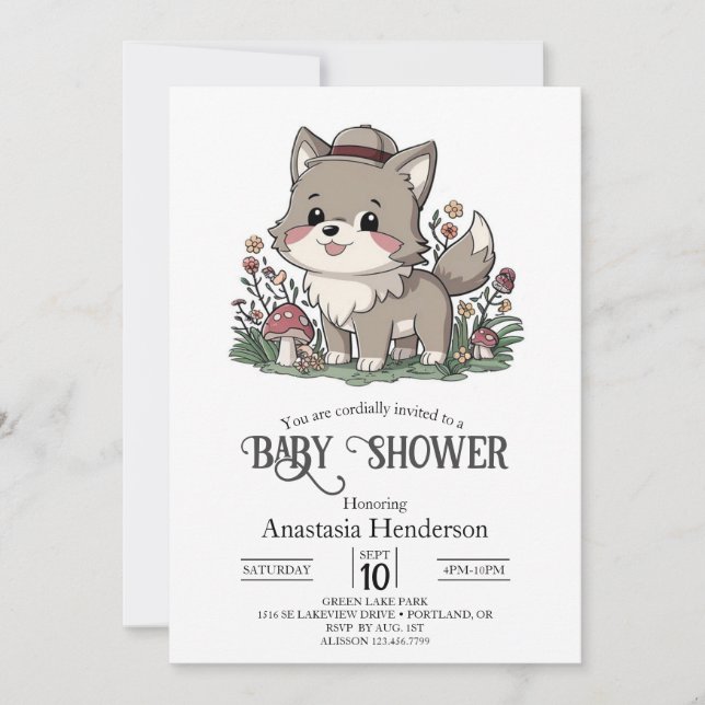Little Forest Wolf Babydusche Einladung (Vorderseite)