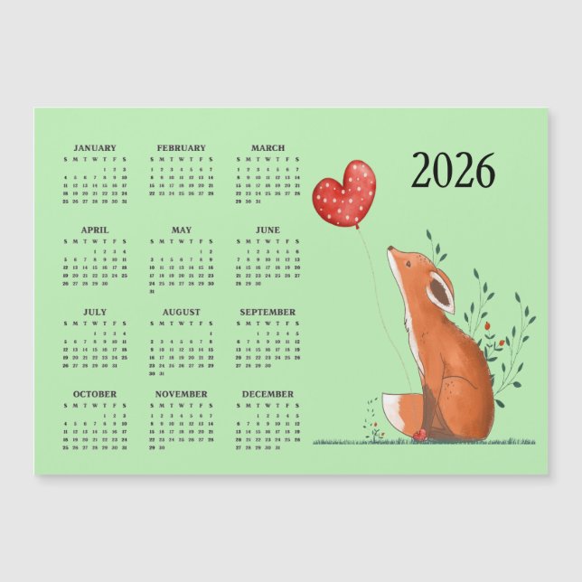 Little Fox Design 2026 Calendar Magnetic Card Magnetkarte (Vorderseite)