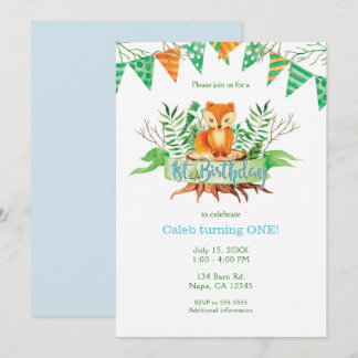 Little Fox Forest Watercolor 1. Geburtstag Party Einladung