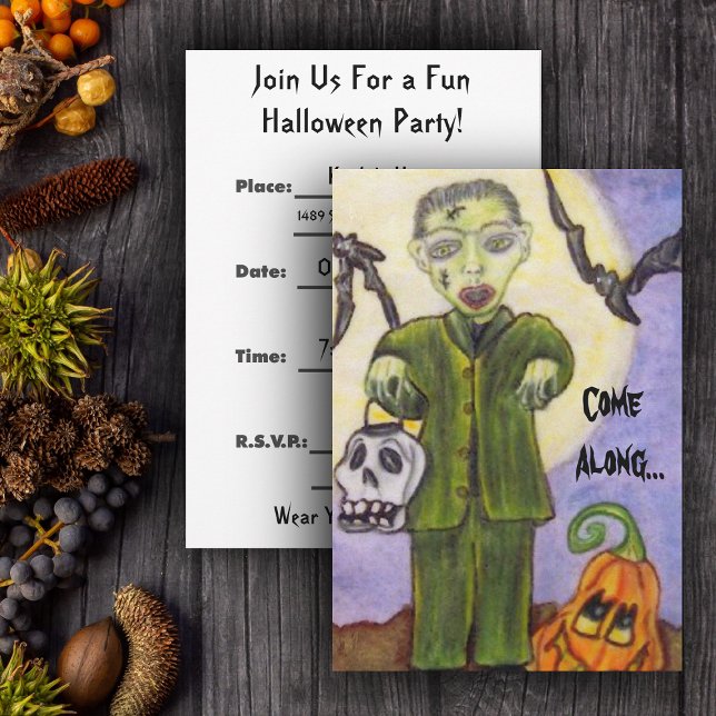 Little Frankenstein Custom Halloween Einladung (Little Frankenstein with skull, pumpkin and bats in full moon on Halloween party invitations.)