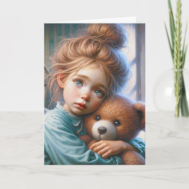 Little Freckled Girl Hugging a Teddy Bar Karte (Vorderseite)