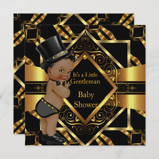 Little Gentleman Baby Shower Gold Black Ethnic Einladung (Vorne/Hinten)