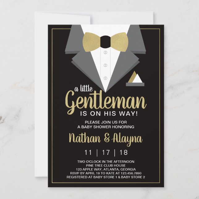 Little Gentleman Baby Shower Invitation, Tuxedo Einladung (Vorderseite)