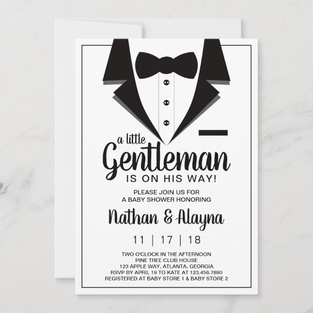 Little Gentleman Baby Shower Invitation, Tuxedo Einladung (Vorderseite)