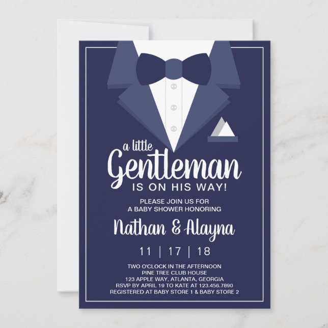 Little Gentleman Baby Shower Invitation, Tuxedo Einladung (Vorderseite)