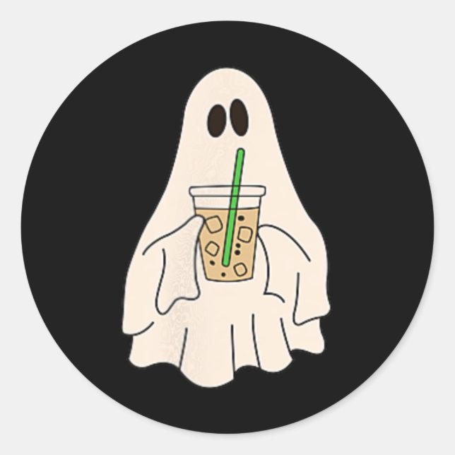Little Ghost Drink Iced Coffee Halloween Spooky Runder Aufkleber (Vorderseite)