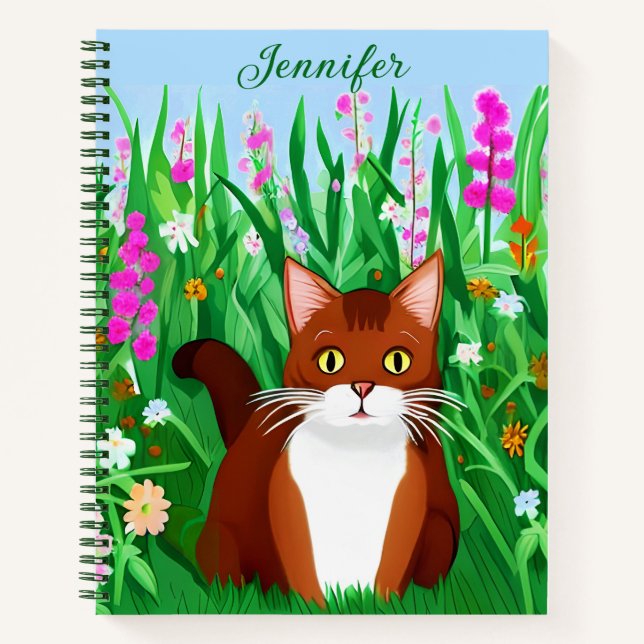 Little Ginger Brown Kitty in einem Feld der Blume Notizbuch (Vorderseite)