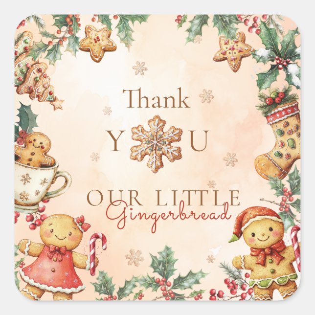 Little Gingerbread Birthday Christmas Thank you  Quadratischer Aufkleber (Vorderseite)