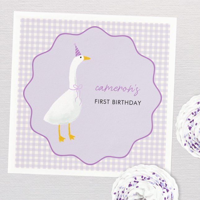 Little Gingham Erster Geburtstag Serviette (Personalized Little Goose lilac gingham first birthday party paper napkins)