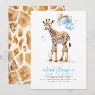 Little Giraffe Blue und Brown Boho Birthday Einladung