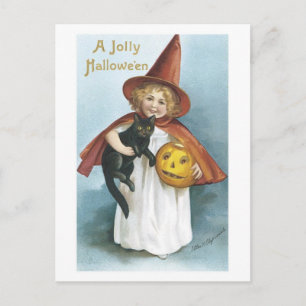 Little Girl and Black Cat Jolly Halloween Feiertagspostkarte