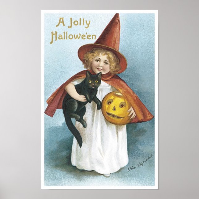 Little Girl and Black Cat Jolly Halloween Poster (Vorne)