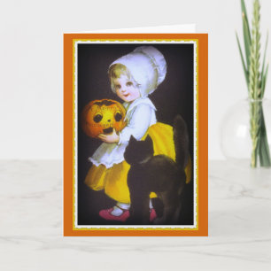 Little Girl and Black Cat Vintage Halloween Card Karte