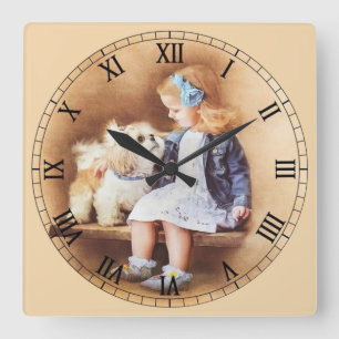 Little Girl and Her Puppy Dog Roman Numeral Quadratische Wanduhr