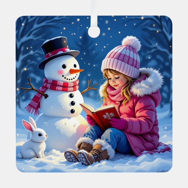 Little Girl and Snowman Personalisierte Weihnachte Ornament Aus Metall (Vorderseite)