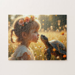 Little girl and the turtle in the wildflowers puzzle