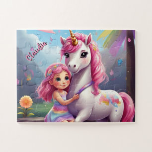 Little Girl and Unicorn Fantasy Personalisiert Puzzle