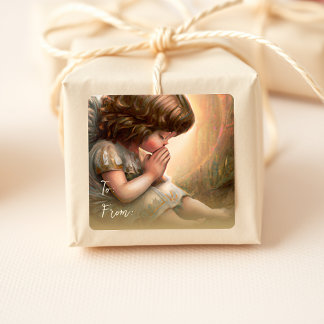 Little Girl Angel Radiant Light Halo beten Quadratischer Aufkleber