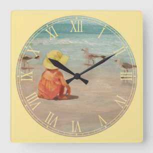 Little Girl at the Beach Fine Art Roman Numeral Quadratische Wanduhr