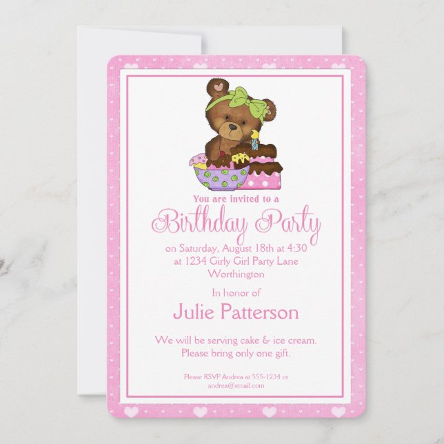 Little Girl Birthday Party Einladung Girly Bear 2 (Vorderseite)