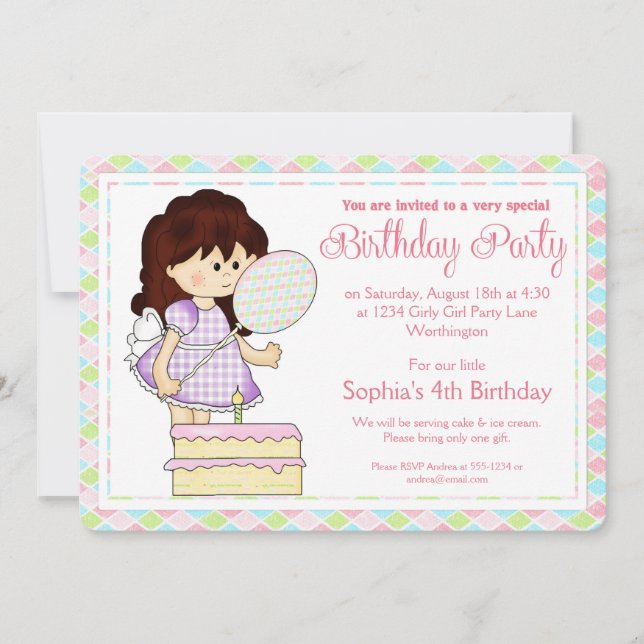 Little Girl Birthday Party Einladung Girly Girl d3 (Vorderseite)