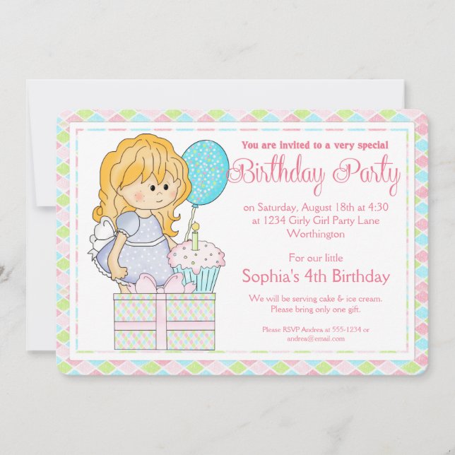 Little Girl Birthday Party Einladung Girly Girl d5 (Vorderseite)