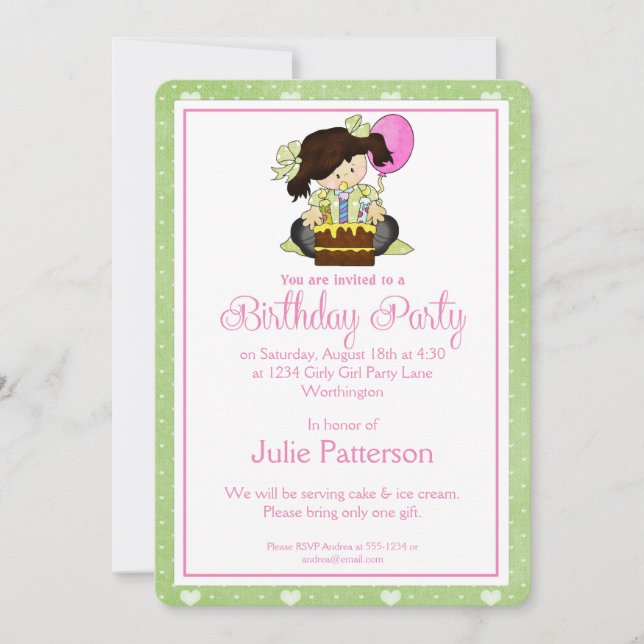 Little Girl Birthday Party Einladung Green (Vorderseite)