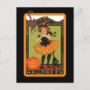 Little Girl Black Cat Postcard Einladung Postkarte
