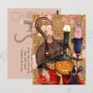 Little Girl Black Cat Pumpkin Vintag Postkarte