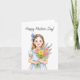 Little Girl Bouquet Watercolor Mothers Day Card Dankeskarte