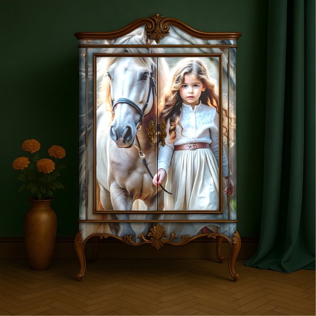 Little Girl Cream Dress White Horse Storybook Farm Seidenpapier (Little Girl in Cream Dress with White Horse - Storybook Farm Decoupage Tissue Paper)
