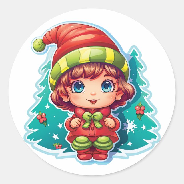 Little Girl Elf Xmas Magic Runder Aufkleber (Vorderseite)