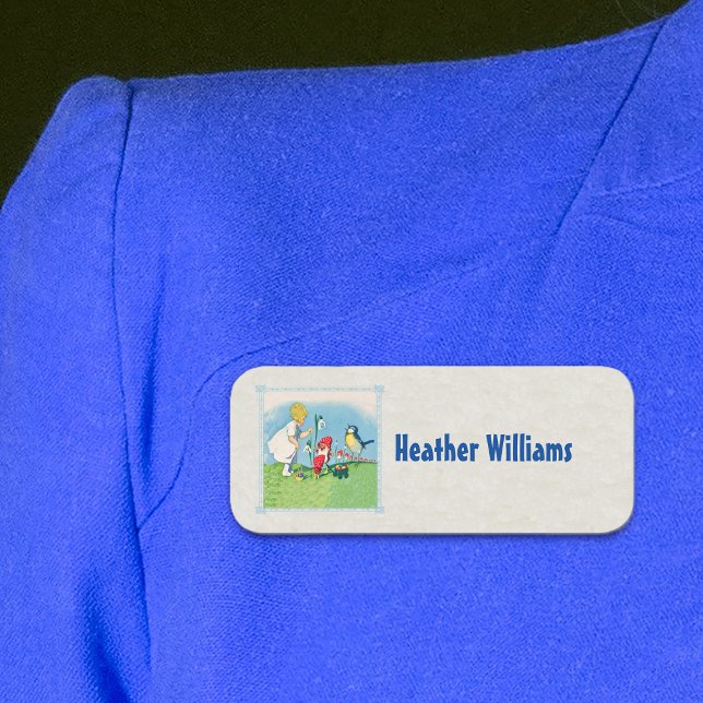 Little Girl Elves Oaster Lilly Eggs Blue border Namensschild (Easter theme girl, elves, blue jay Lily flower and coloured Easter eggs on white plastic name tag.)